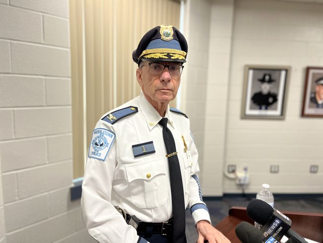 Middletown Police Chief Anthony Pesare speaks with reporters March 17, 2023 about the suspicious death of John Edward-Corbett, 39. Photo by Steve Klamkin WPRO News 